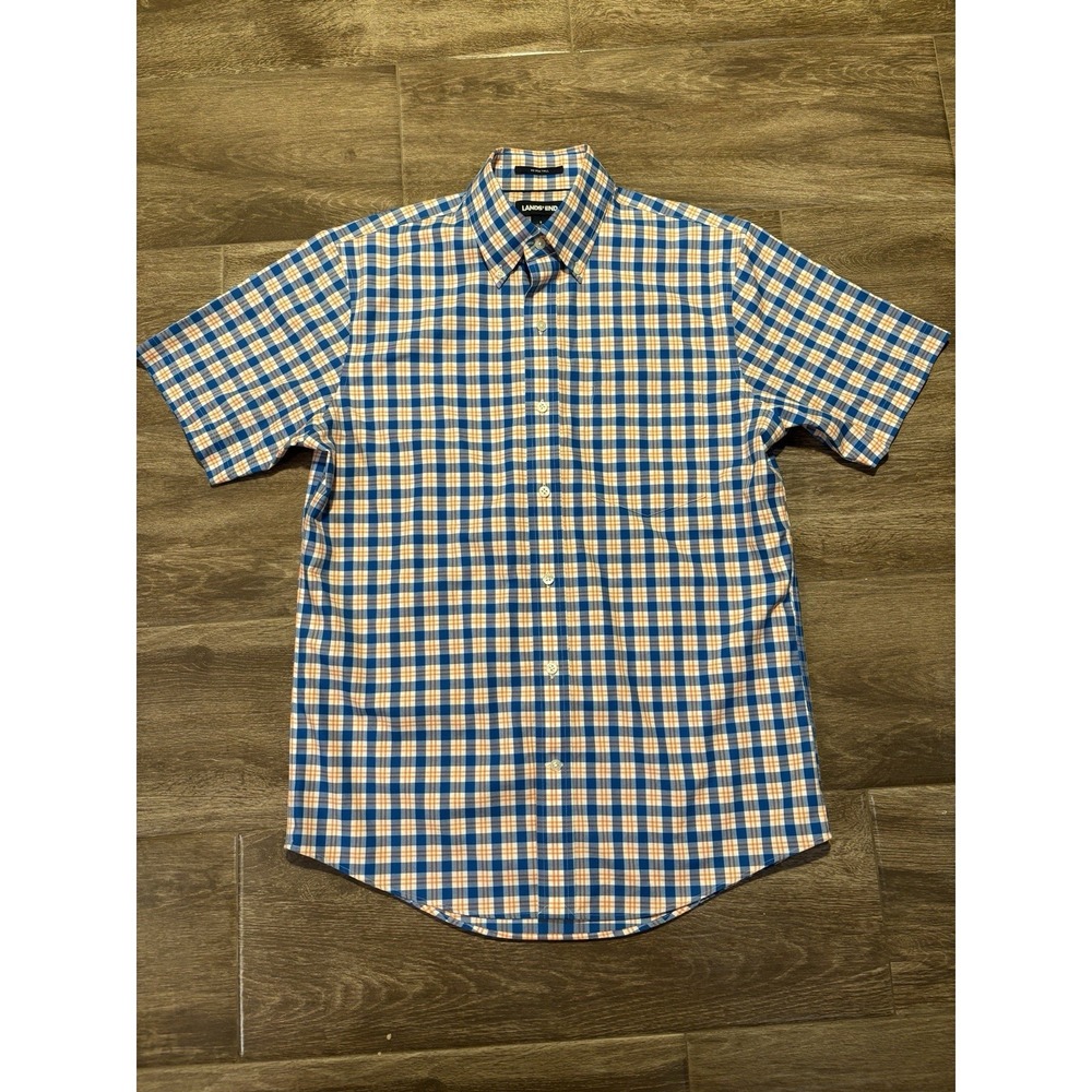Lands End Men's S Buttondown Short‎ Sleeve Shirt Orange Blue Plaid NWOT